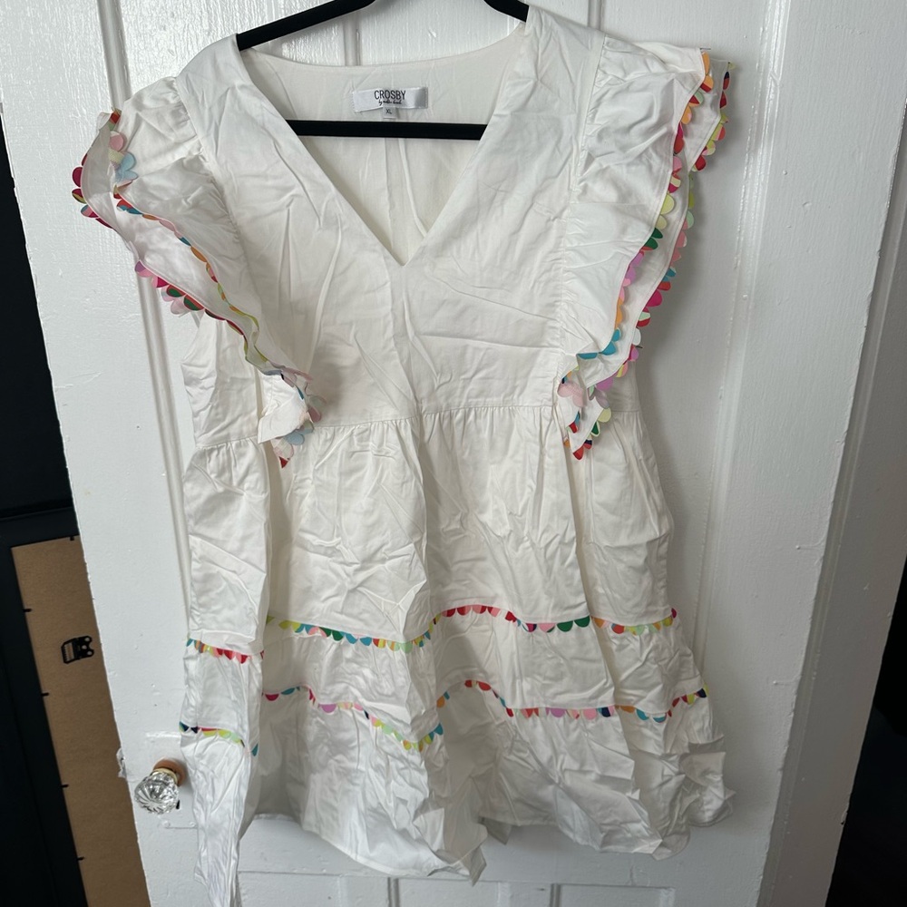 Crosby by Mollie Burch Holden White Tiered Dress Rainbow Scalloped Hem